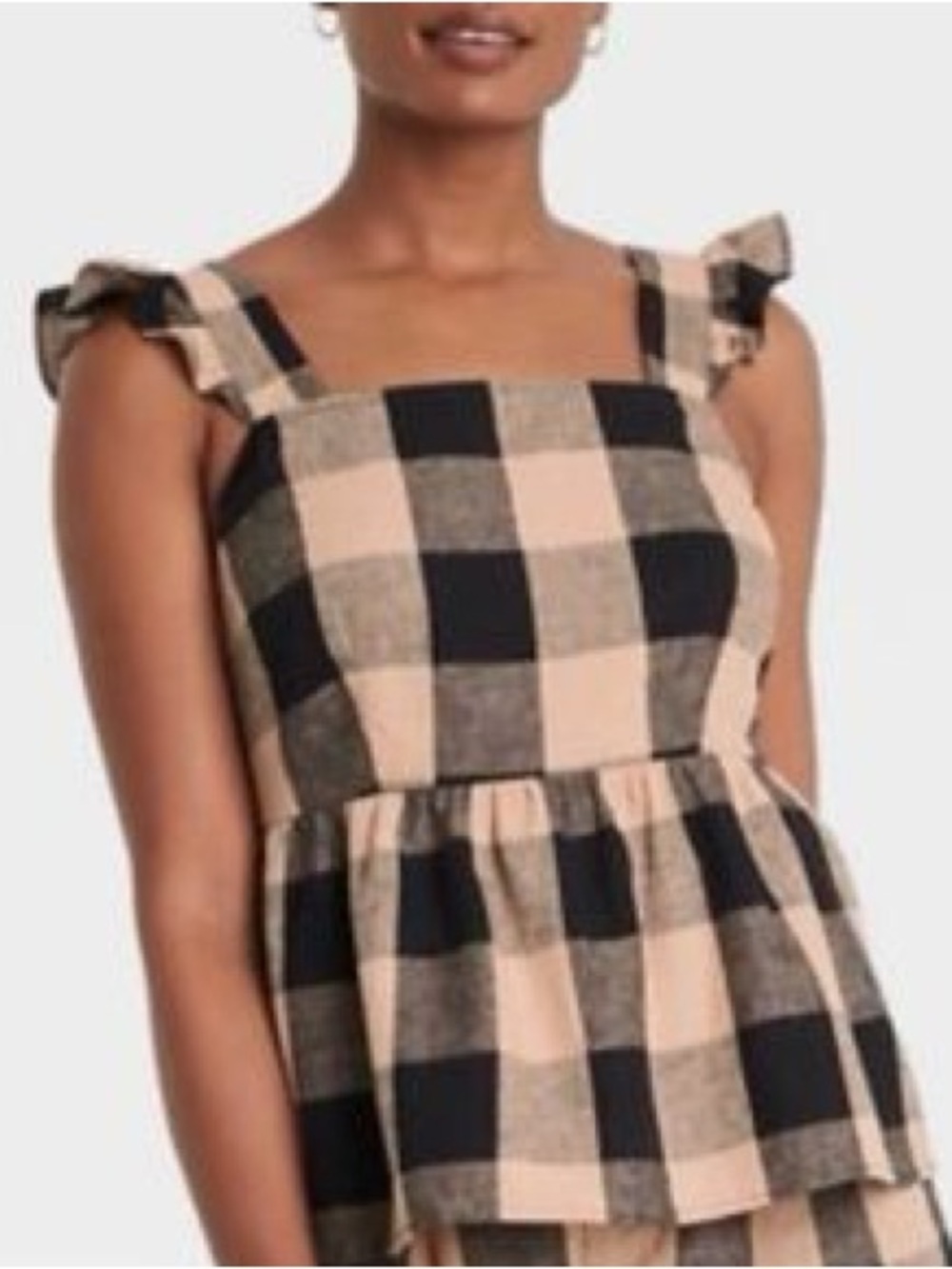 Who What Wear Black and Cream Buffalo Check Ruffle Strap Top